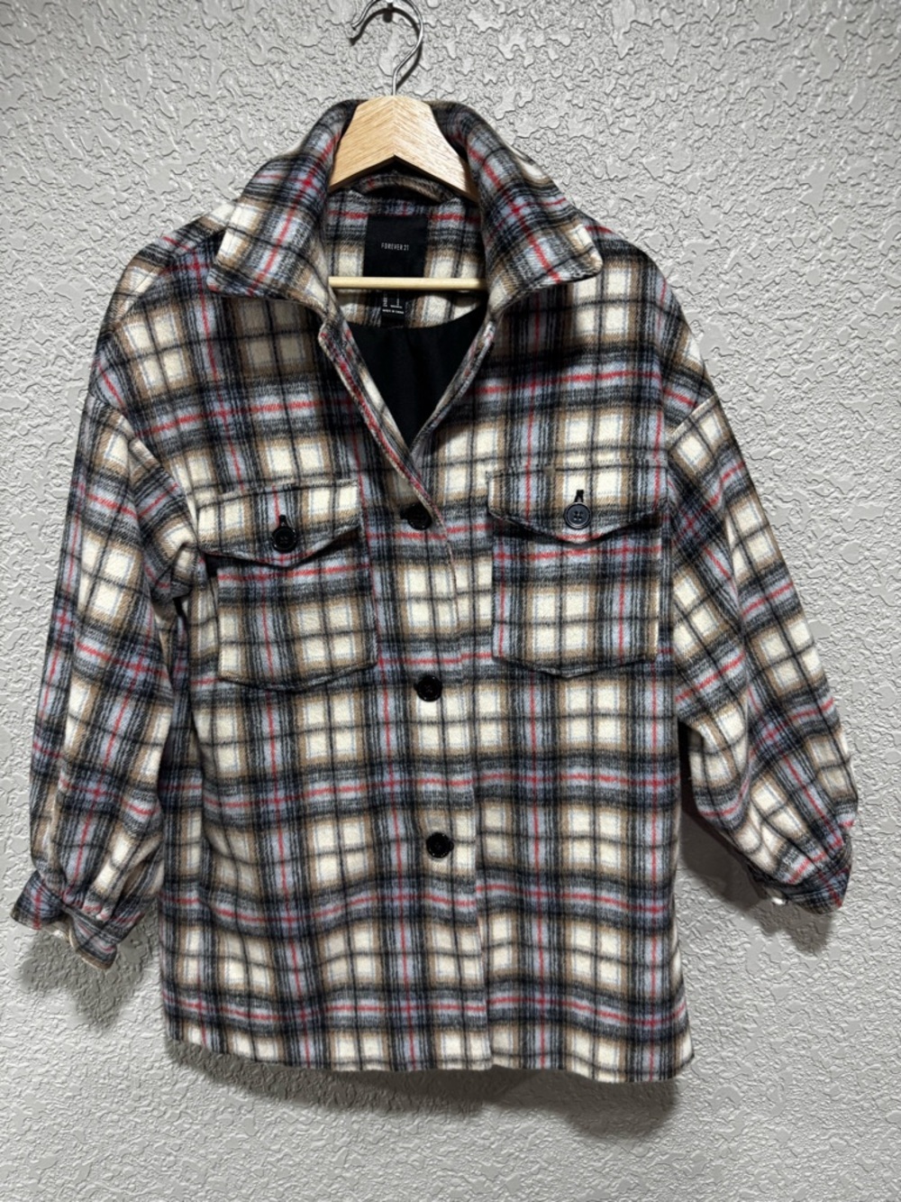 Forever 21 Plaid Jacket in Cream, Black & Red